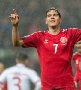 Robert Skov playing for Denmark